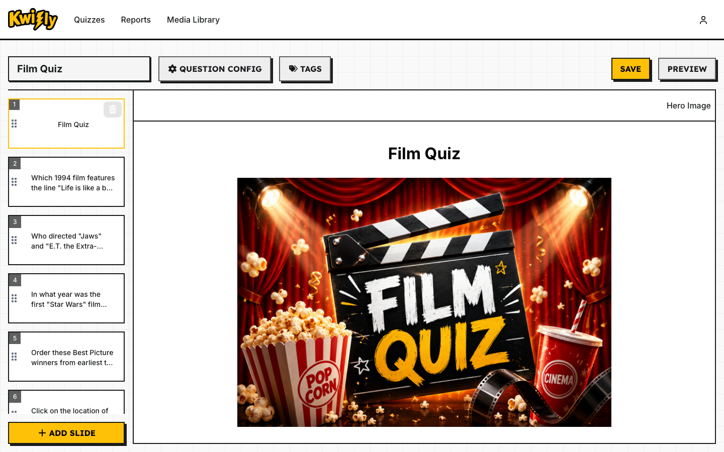 Eine randlose Titelbild-Folie mit dem Titel "Film Quiz" im Kwizly-Editor